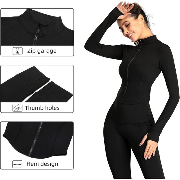 Feoya Womens Black Long Sleeves Athletic Tank Top Full Zip Up T shirt for Yoga - Picture 6 of 7